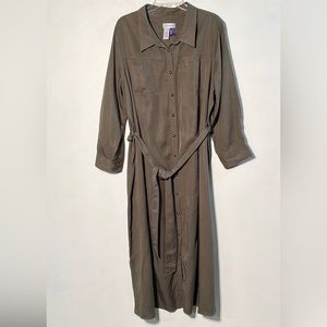 CATHERINES Career Preppy Olive Button Down Long SLV Belted Midi Shirtdress 22WP